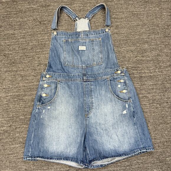 Levis Bib Shortalls Women XL Two Horse Brand Denim Distressed Grunge Workwear - Picture 1 of 11